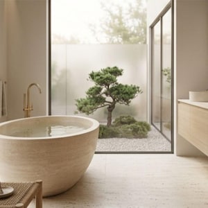 May include: A contemporary bathroom featuring a large, oval stone bathtub filled with water. A small tree and zen garden are visible through a large window. The room has light-coloured walls, a wooden vanity, and gold fixtures.