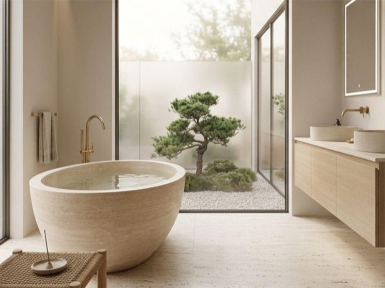 May include: A contemporary bathroom featuring a large, oval stone bathtub filled with water. A small tree and zen garden are visible through a large window. The room has light-coloured walls, a wooden vanity, and gold fixtures.