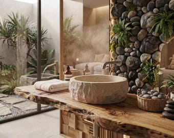 Natural Travertine Vessel Sink – Split Face Stone, Organic Modern Round Basin
