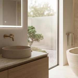May include: A contemporary bathroom design with a stone sink, gold tap, and a large illuminated mirror. The room has a neutral colour scheme and natural light. A view of a small tree is visible through the window.