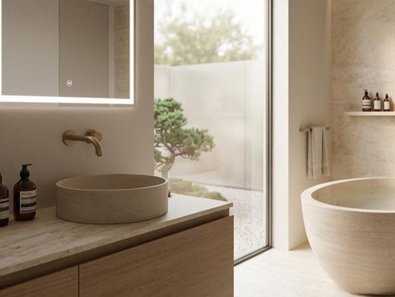 May include: A contemporary bathroom design with a stone sink, gold tap, and a large illuminated mirror. The room has a neutral colour scheme and natural light. A view of a small tree is visible through the window.