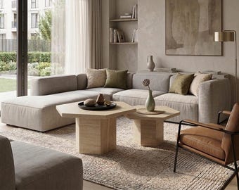 Handmade Hexagonal Travertine Coffee Table Set – Natural Stone Nesting Tables