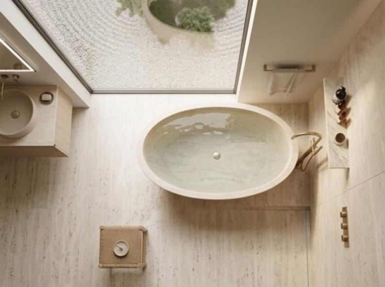 May include: An overhead view of a modern bathroom with an oval-shaped bathtub filled with water. The bathroom features a light colour palette, a skylight, and a woven stool with a clock. A sink and a towel rail are also visible.