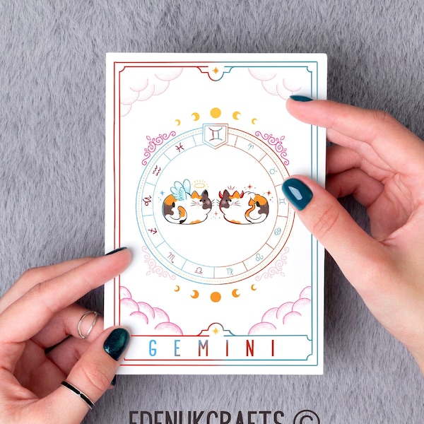 Cute Kawaii Gemini Cat Horoscope Birthday Card for Gemini Zodiac Sign May / June - Detailed Tarot Card Original Artwork