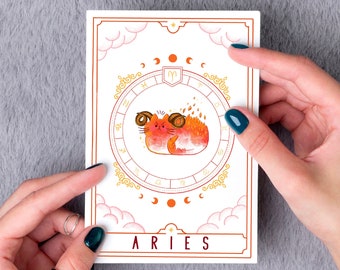 Cute Kawaii Aries Cat Horoscope Birthday Card for Aries Zodiac Sign March / April - Detailed Tarot Card Original Artwork