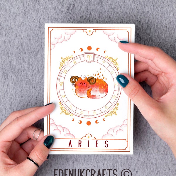 Cute Kawaii Aries Cat Horoscope Birthday Card for Aries Zodiac Sign March / April - Detailed Tarot Card Original Artwork