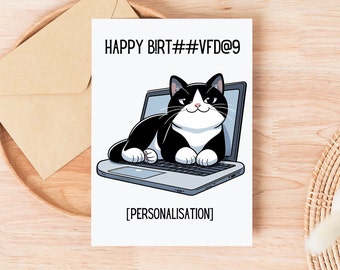 Personalised Tuxedo Cat Lounging on Laptop Happy Birthday / Happy B!rt##vfd@9 Greeting Card