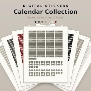 Puede incluir: Un conjunto de pegatinas digitales titulado Digital Stickers Calendar Collection que incluye etiquetas, fechas e iconos en siete colores. Las hojas muestran meses, días y varios iconos de planificación dispuestos en abanico con el texto Ink & Stone Tools Built for Focus en la parte inferior.