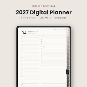 Könnte beinhalten: Ein digitaler Planer für 2027 auf einem Bildschirm mit über 580 verlinkten Seiten für die tägliche und wöchentliche Planung. Die Oberfläche enthält Bereiche für Zeitpläne, Aufgaben, Notizen, Mahlzeiten und Dankbarkeit sowie den Text INK & STONE.