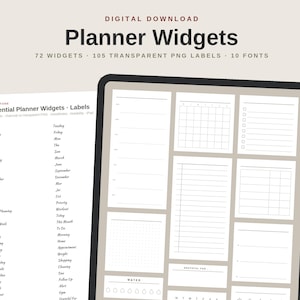 May include: Digital download of planner widgets featuring 72 widgets, 105 transparent PNG labels, and 10 fonts. The display shows a tablet screen with various organizational layouts, including calendars, checklists, and trackers with text labels.