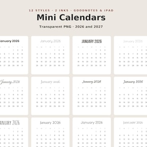 Puede incluir: Una colección digital de 12 estilos de minicalendarios para 2026 y 2027, con archivos PNG transparentes para Goodnotes e iPad. El texto incluye "Mini Calendars", "12 STYLES", "2 INKS", "Transparent PNG" e "INK & STONE".