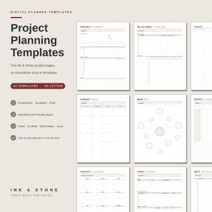 May include: A collection of digital project planning templates in US Letter size. The set includes various layouts such as project planners, milestones, timelines, kanban boards, mind maps, and budget trackers, all featuring a clean, minimalist design.