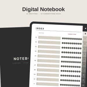 May include: A digital notebook interface featuring a dark cover and a white index page. The index displays 12 sections with 10 subsections each, marked by numbered circles. The text reads Digital Notebook, 12 Sections, 10 Subsections Each, and Index.
