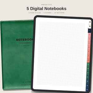 Digitalt anteckningsblock, 5 färger | 15 flikar, 61 mallar | GoodNotes iPad, hyperlänkad | Linjerat rutnät, prickat, tomt | Direktnedladdning