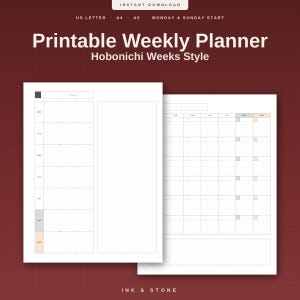 May include: A printable weekly planner in Hobonichi Weeks style with US Letter, A4, and A5 options. The layout features a grid-based weekly schedule with Monday and Sunday start dates, displayed on white paper against a dark red background.