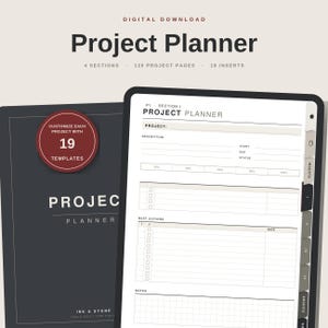 May include: A digital project planner download featuring a dark gray cover with the text Project Planner and Ink & Stone. The interior page displays a layout with sections for project description, start and due dates, status, next actions, and notes.