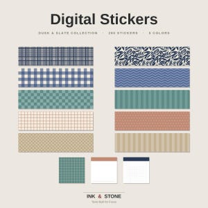 Puede incluir: Pegatinas digitales de la colección Dusk & Slate con 280 pegatinas en 5 colores. El conjunto incluye varias tiras rectangulares con patrones de cuadros, vichy, hojas, chevron, rayas y puntos, además de tres plantillas de notas cuadradas.