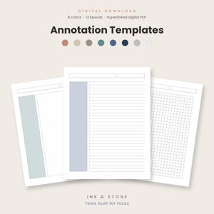Könnte beinhalten: Digitaler Download Annotation Templates mit 8 Farben und 13 Layouts als verlinktes digitales PDF. Die Darstellung zeigt drei weiße Seiten mit farbigen Seitenrändern, darunter punktierte, linierte und karierte Papierstile.