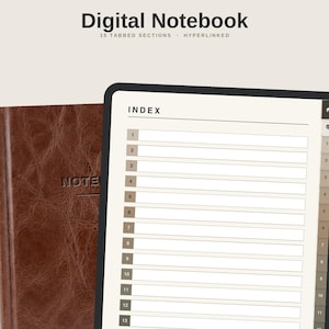 May include: A digital notebook displayed on a tablet screen featuring an index page with 15 numbered, hyperlinked sections. Behind the tablet, a brown leather-textured notebook cover is visible. The text Digital Notebook 15 Tabbed Sections Hyperlinked appears at the top.