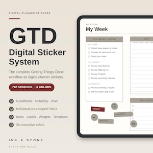 Op de afbeelding: Een digitaal planner-stickersysteem met 732 stickers in 6 kleuren. Het scherm toont een tablet met een weekoverzicht en diverse rechthoekige en ronde stickers met de labels Urgent, Projects, Office en vinkjes.