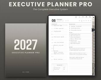 May include: A digital 2027 Executive Planner Pro featuring a dark gray cover with white text and a tablet screen displaying a detailed daily schedule, priorities, to-do list, and notes section with hyperlinked navigation tabs.