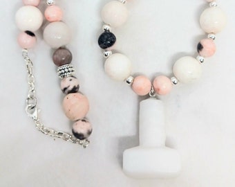 White Jade Crystal Mjölnir Necklace with Pink Zebra Jasper