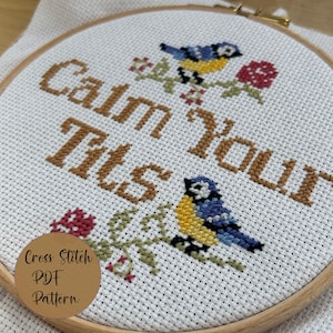 Può includere: Un telaio da ricamo circolare in legno contenente tessuto Aida bianco con un disegno a punto croce. Il testo recita Calm Your Tits in filo marrone, accompagnato da due uccelli blu e gialli su rami verdi con piccoli fiori rossi.