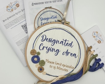 Hand Embroidery Kit- Designated Crying Area. Sassy, alternative vintage style hand embroidery gift kit. Beginner friendly, online videos