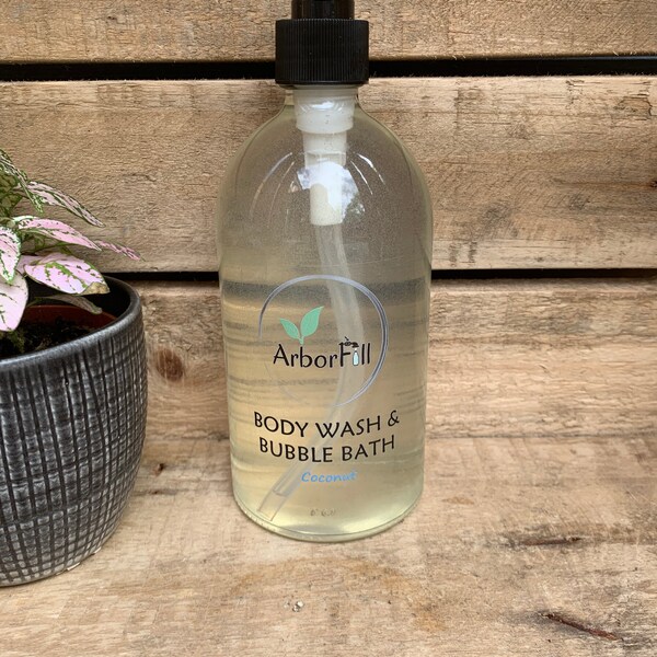 Eco body wash and bubble bath, glass bottle with pump, plant based body wash, plastic free, UK made, refillable locally