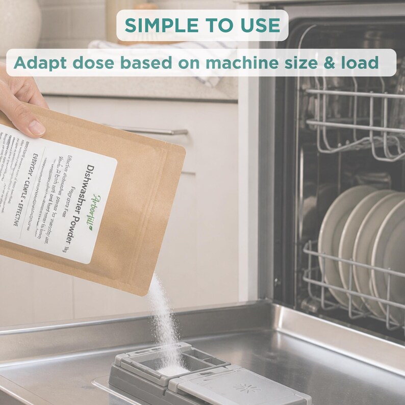 May include: A brown paper pouch of Arborfill Dishwasher Powder being poured into a dishwasher detergent dispenser. The text on the pouch reads Dishwasher Powder, 1kg, and Everyday, Gentle, Effective. Text overlays state SIMPLE TO USE.