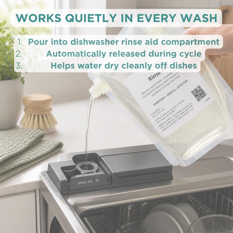 May include: A clear plastic pouch of rinse aid being poured into a dishwasher compartment. Text reads: WORKS QUIETLY IN EVERY WASH, 1. Pour into dishwasher rinse aid compartment, 2. Automatically released during cycle, 3. Helps water dry cleanly off dishes.