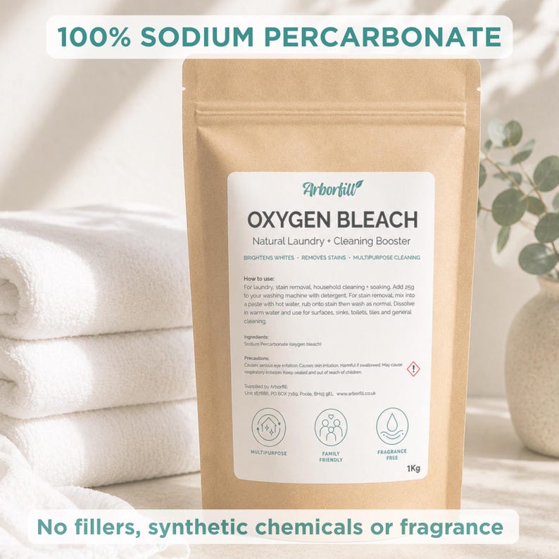 May include: A 1kg brown paper pouch of Arborfill 100% Sodium Percarbonate Oxygen Bleach. The label features the text Natural Laundry + Cleaning Booster, instructions, ingredients, and icons for multipurpose, family friendly, and fragrance free use.