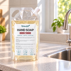 May include: A 1L clear plastic refill pouch of Arborfill hand soap in fig scent. The label features the brand name, product title, ingredients, and three circular icons representing naturally derived, gentle, and essential oil scented.