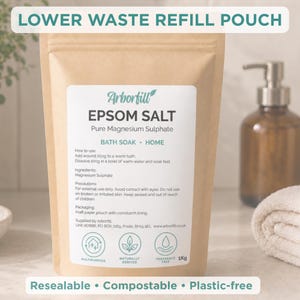 K&ouml;nnte beinhalten: Ein Nachf&uuml;llbeutel aus braunem Kraftpapier mit der Aufschrift Arborfill Epsom Salt Pure Magnesium Sulphate. Das Etikett enth&auml;lt Anweisungen, Inhaltsstoffe und Vorsichtsma&szlig;nahmen. Der Beutel ist mit 1kg, vielseitig, nat&uuml;rlich gewonnen und duftfrei gekennzeichnet.