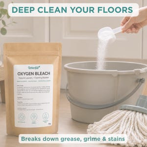 May include: A 1kg pouch of Arborfill Oxygen Bleach with a white label featuring instructions and ingredients, positioned next to a grey bucket and a mop. White powder is being poured from a measuring scoop into the bucket. Text reads DEEP CLEAN YOUR FLOORS.