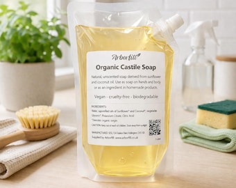 Organic Castile Soap 1Litre, Natural Unscented, Concentrated Plant Based Cleaning, Non-Toxic Ingredient for DIY Home Products and Soaps
