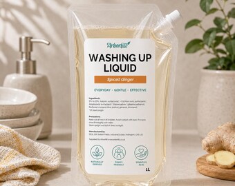 Eco Washing Up Liquid: Spiced Ginger Scent, Plant Based Non-Toxic Dish Soap, 1L Refill Pouch