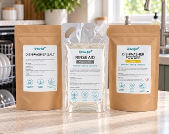 Plant Based Dishwasher Powder, Salt, Rinse Aid Bundle, Non-Toxic Cleaning