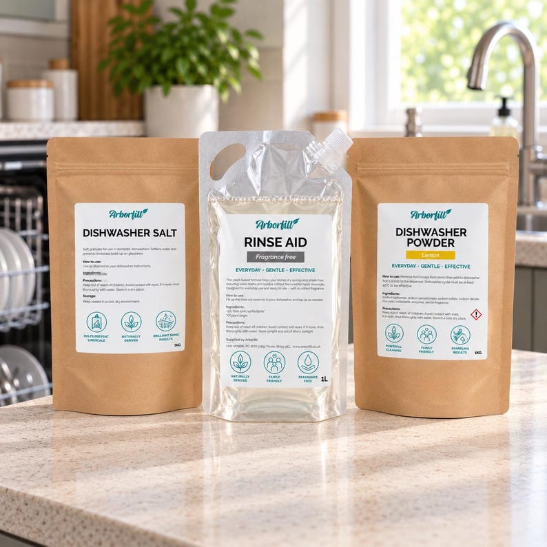 May include: Three Arborfill dishwasher products: a brown paper pouch of Dishwasher Salt, a clear plastic pouch of Rinse Aid, and a brown paper pouch of Dishwasher Powder. Each pouch features white labels with black text, green logos, and icons.
