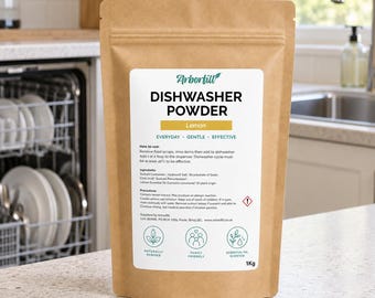 Natural Dishwasher Powder 1kg:  Plant Based Non-Toxic, Eco-Friendly Dishwasher Detergent with Lemon Essential Oil
