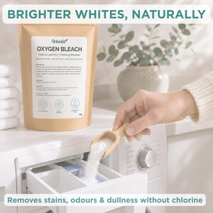 May include: A 1kg brown paper pouch of Arborfill Oxygen Bleach with a white label featuring the text Brighter Whites, Naturally, Oxygen Bleach, Natural Laundry, Cleaning Booster, and instructions. A wooden scoop pours white powder into a machine.