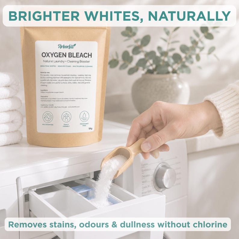 May include: A 1kg brown paper pouch of Arborfill Oxygen Bleach with a white label featuring the text Brighter Whites, Naturally, Oxygen Bleach, Natural Laundry, Cleaning Booster, and instructions. A wooden scoop pours white powder into a machine.