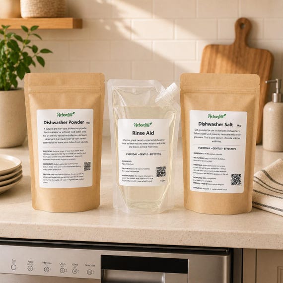 Plant Based Dishwasher Powder, Salt, Rinse Aid Bundle, Non-Toxic Cleaning
