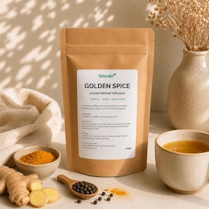 Turmeric, Ginger & Black Pepper Loose Leaf Herbal Tea | Golden Spice | Caffeine Free | Warming Herbal Infusion | 100g