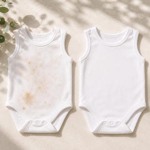 May include: Two sleeveless white baby bodysuits with round necklines and snap closures at the bottom. One bodysuit features a light brown, mottled stain pattern on the front, while the other is plain solid white fabric throughout.