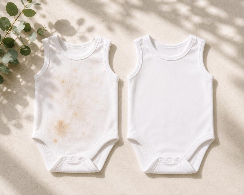 May include: Two sleeveless white baby bodysuits with round necklines and snap closures at the bottom. One bodysuit features a light brown, mottled stain pattern on the front, while the other is plain solid white fabric throughout.