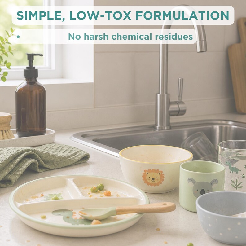 May include: A set of children's dinnerware including a divided plate with a dinosaur graphic, a lion bowl, a koala cup, and a wooden-handled spoon. Text reads: SIMPLE, LOW-TOX FORMULATION. No harsh chemical residues.