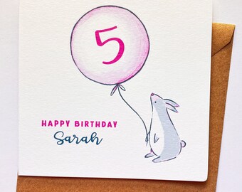 Personalised 5th Birthday Card - Hand-drawn Rabbit with a Balloon