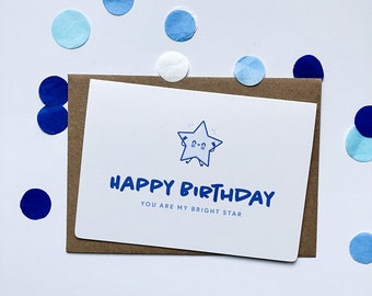 Cute Blue Star Birthday Card Happy Birthday, 1st Birthday Card for Boy, Luxury Blue Birthday Card for Son, Kawaii Birthday Card