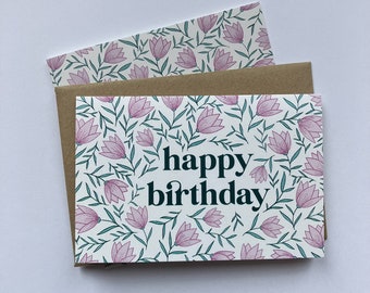 Happy Birthday Card: Hand-drawn Pink Floral Greeting Card